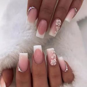 🐢2/$15 Simple Floral French Manicure with Rhinestones Press On Nails